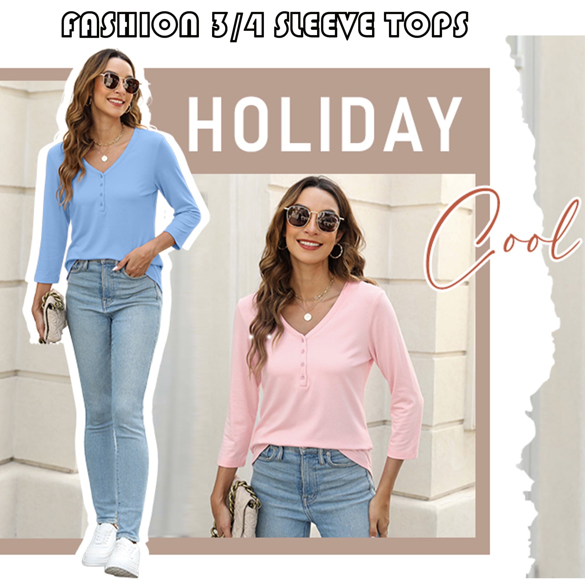 VDJ Women Tops Button V Neck 3/4 Sleeve T Shirts Casual Fall Tops Solid Color Basic Cute Pink Tee Clothes Size XL