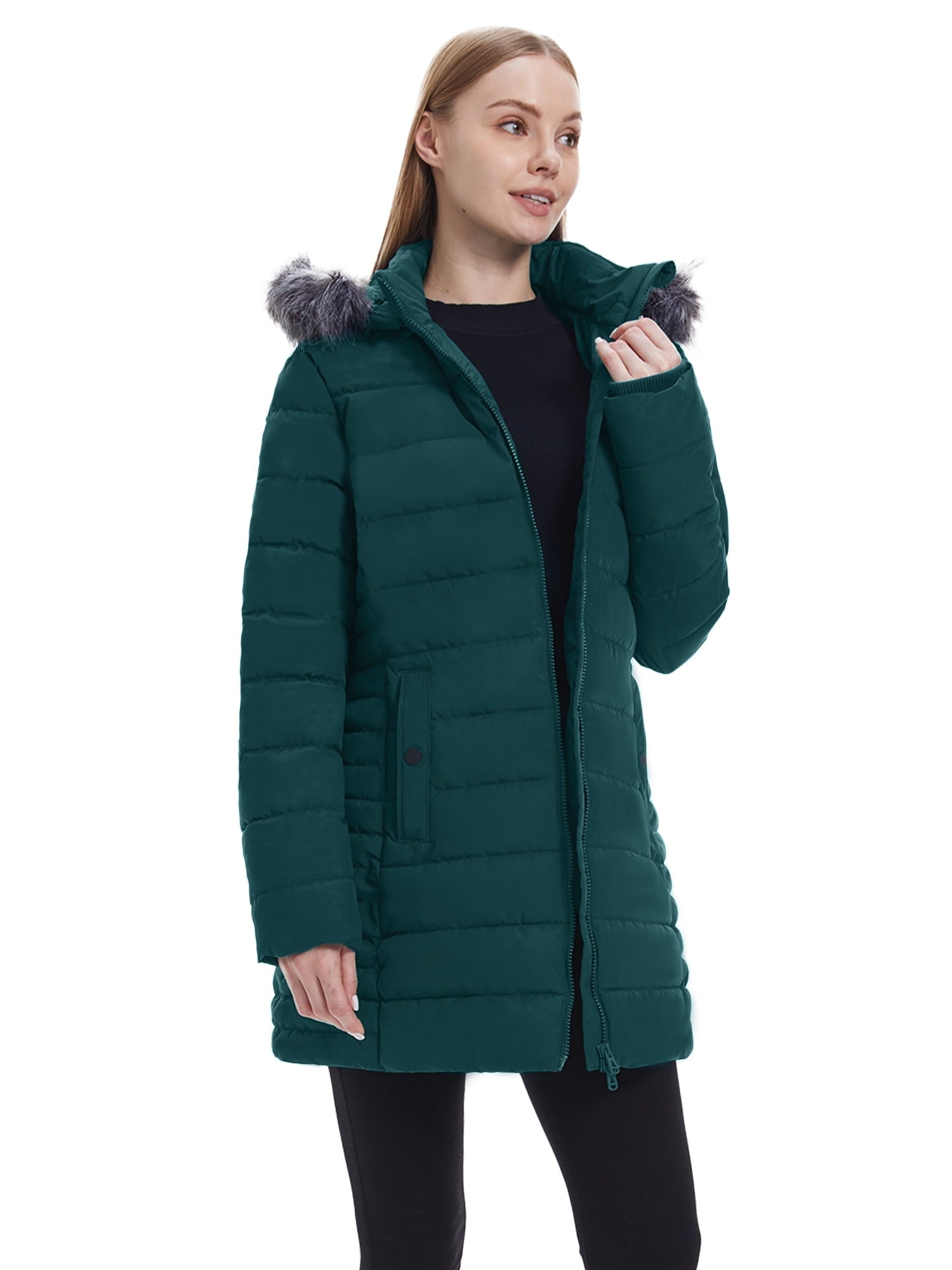 Wantdo Women's Winter Jacket Mid-Length Winter Coat Hooded Puffer Jacket Blackish Green L