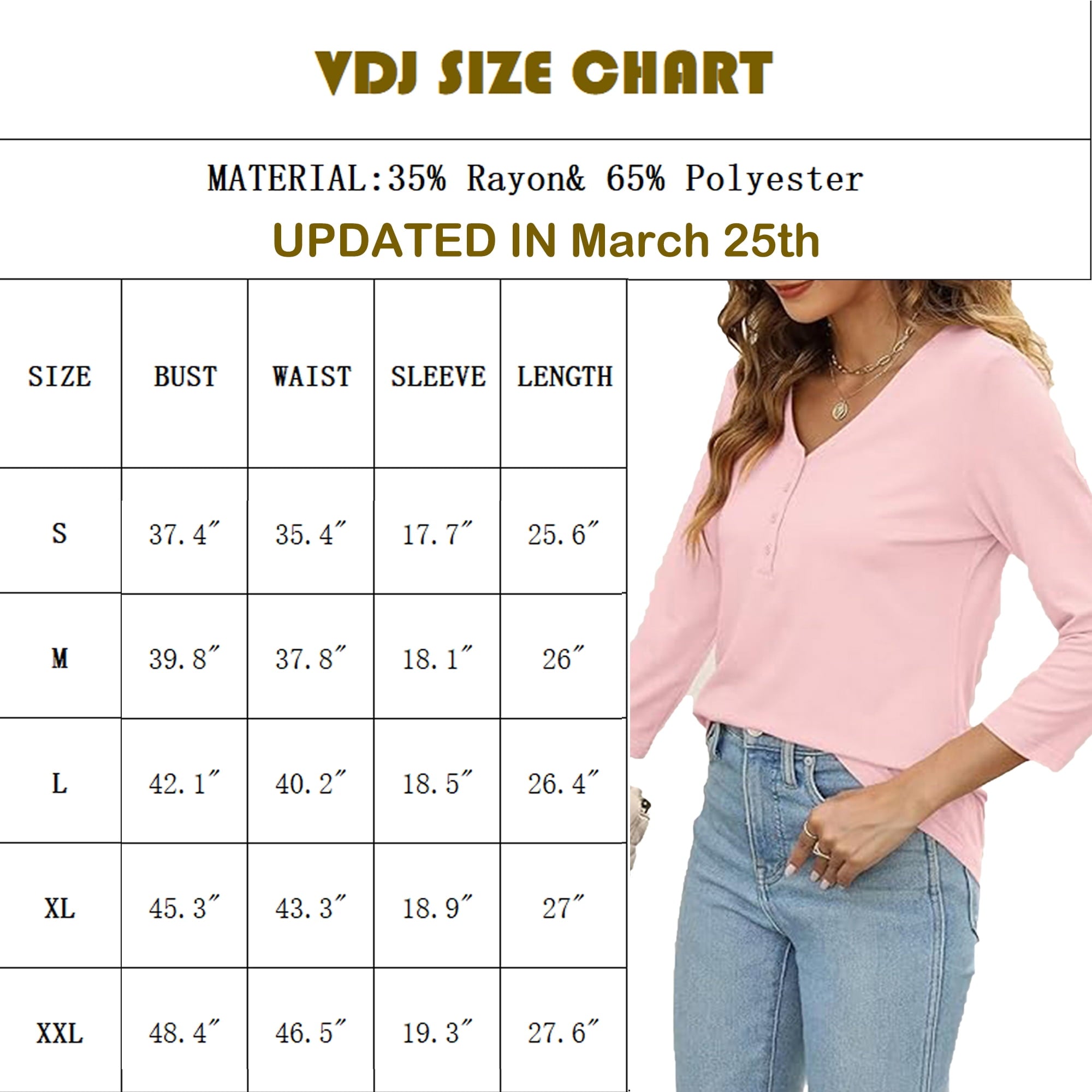 VDJ Women Tops Button V Neck 3/4 Sleeve T Shirts Casual Fall Tops Solid Color Basic Cute Pink Tee Clothes Size XL