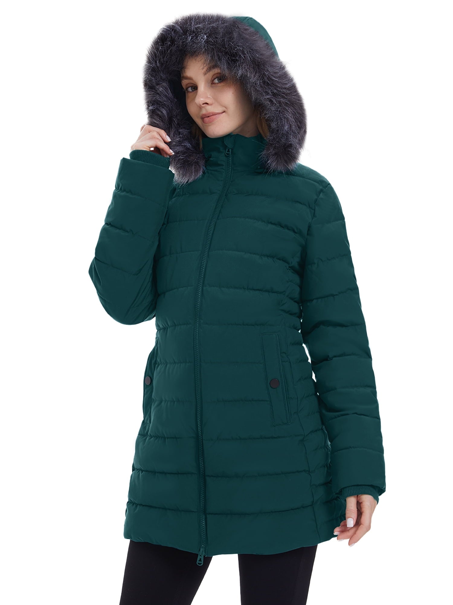 Wantdo Women's Winter Jacket Mid-Length Winter Coat Hooded Puffer Jacket Blackish Green L
