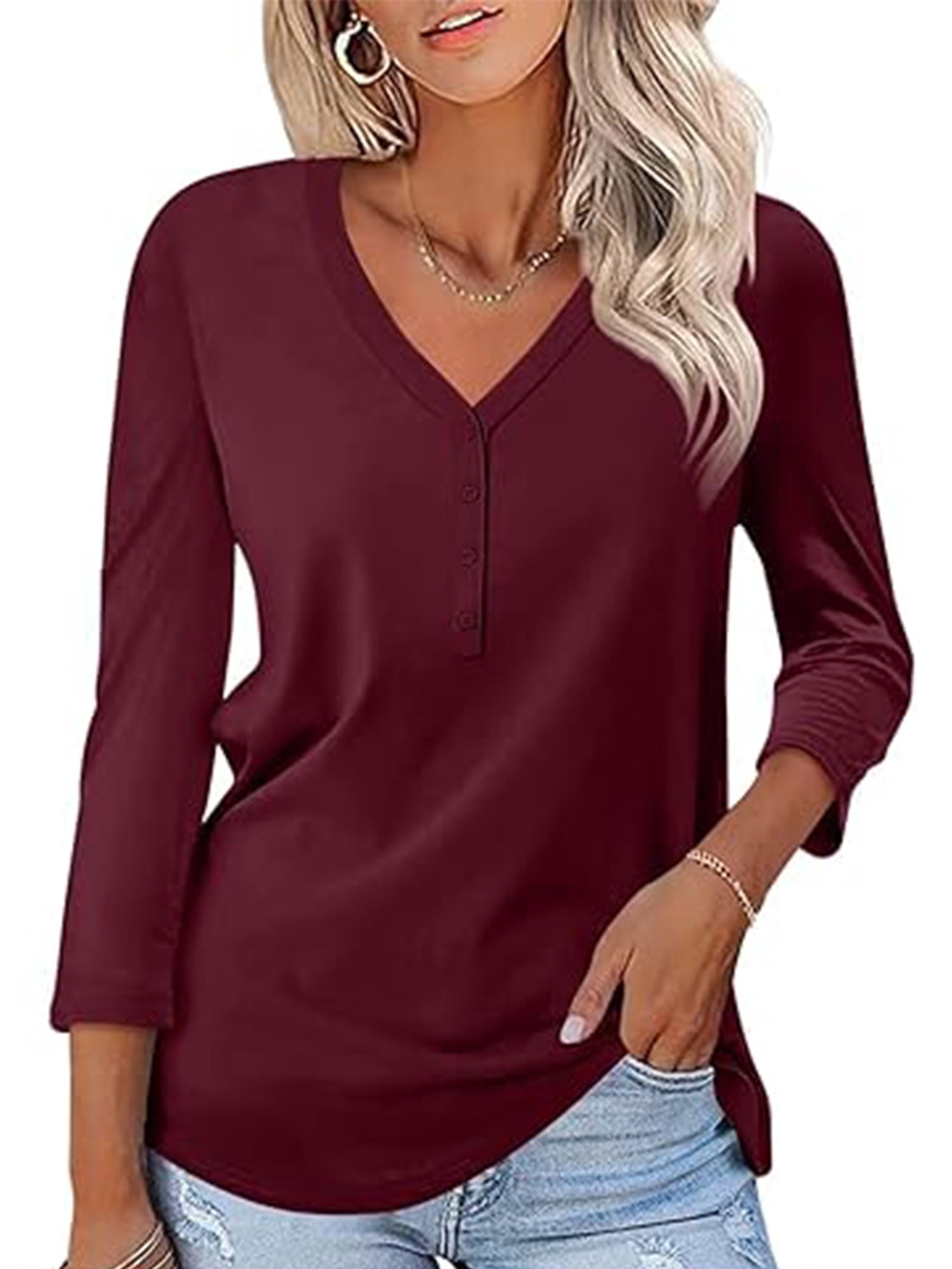 VDJ Women Tops Button V Neck 3/4 Sleeve T Shirts Casual Fall Tops Solid Color Basic Cute Pink Tee Clothes Size XL