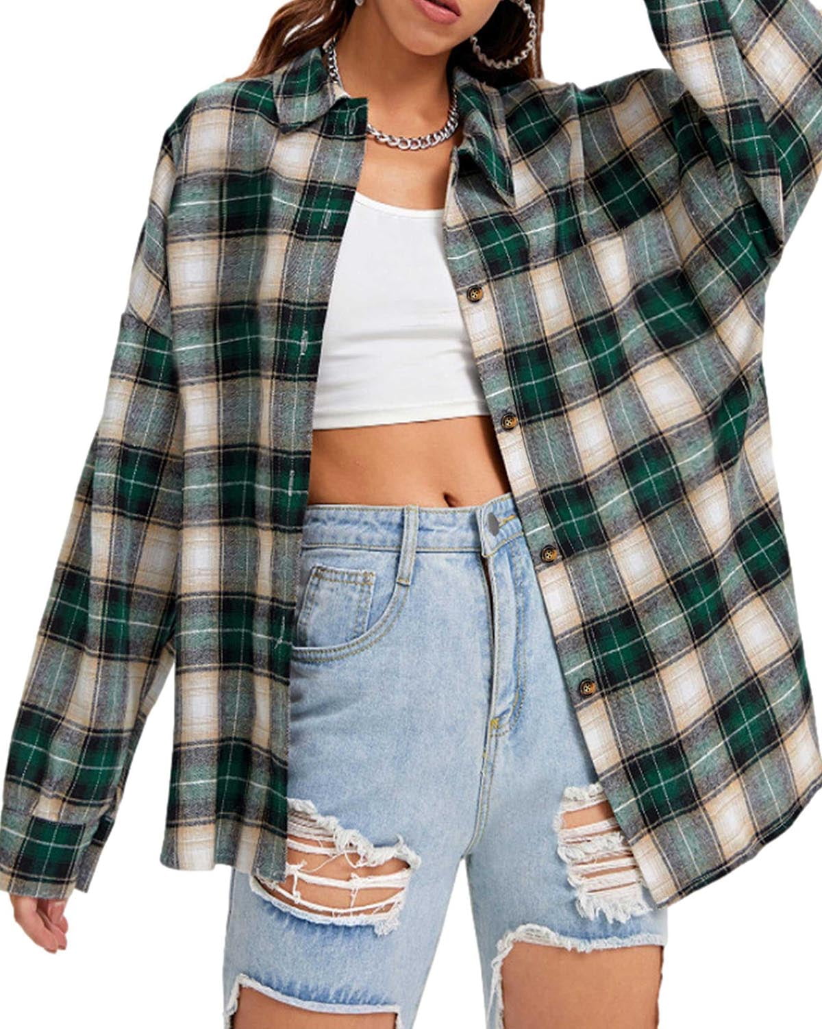 Fantaslook Plaid Flannel Shirts for Women Oversized Long Sleeve Button Down Shirts Blouses Tops