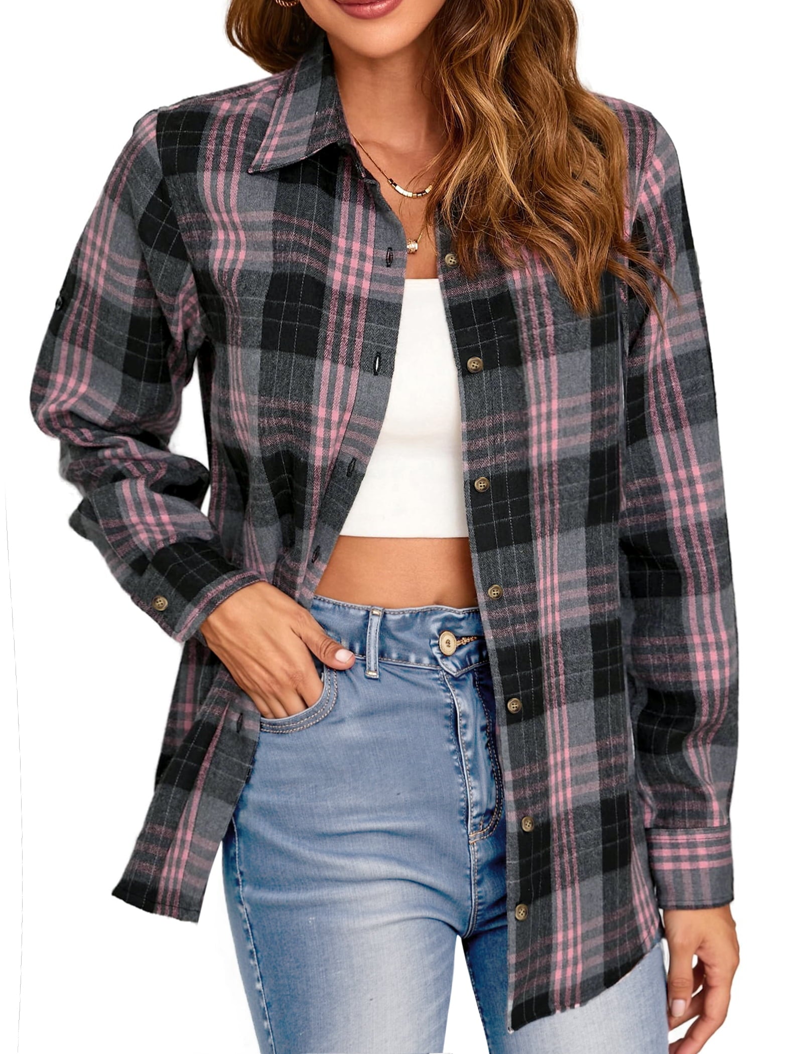 Fantaslook Plaid Flannel Shirts for Women Oversized Long Sleeve Button Down Shirts Blouses Tops