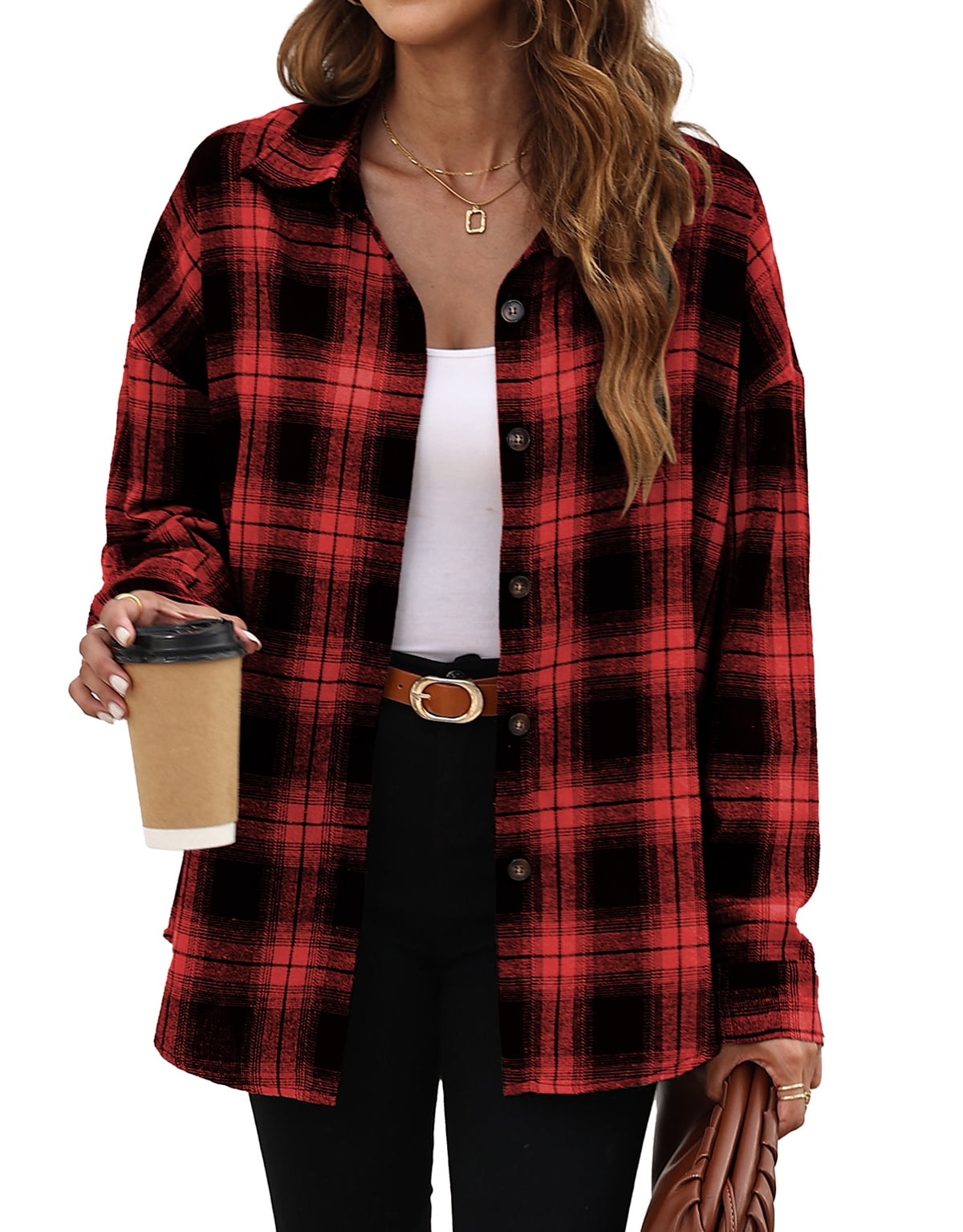 Fantaslook Plaid Flannel Shirts for Women Oversized Long Sleeve Button Down Shirts Blouses Tops