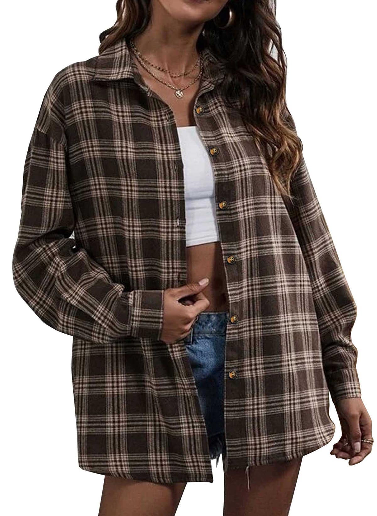 Fantaslook Plaid Flannel Shirts for Women Oversized Long Sleeve Button Down Shirts Blouses Tops