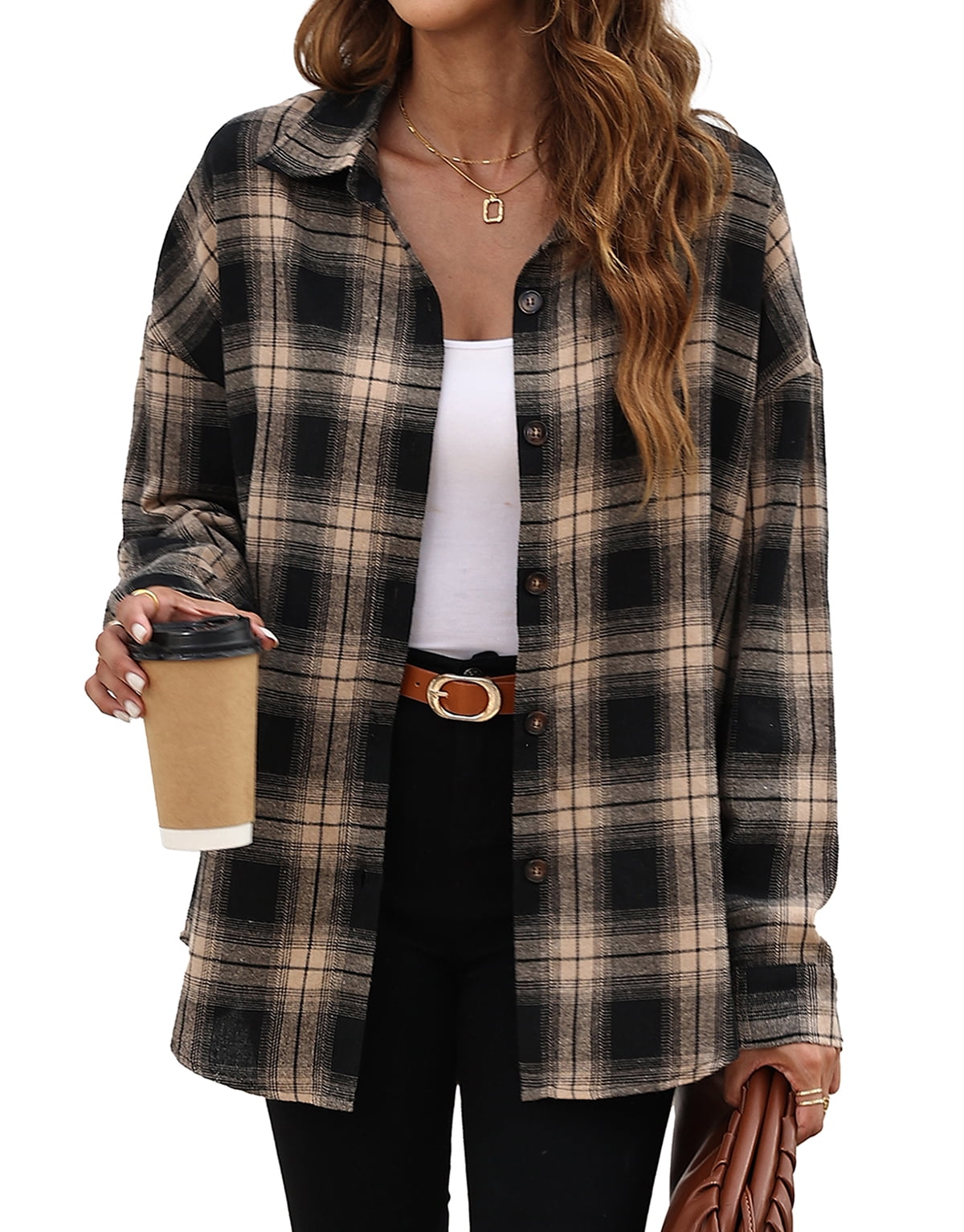 Fantaslook Plaid Flannel Shirts for Women Oversized Long Sleeve Button Down Shirts Blouses Tops