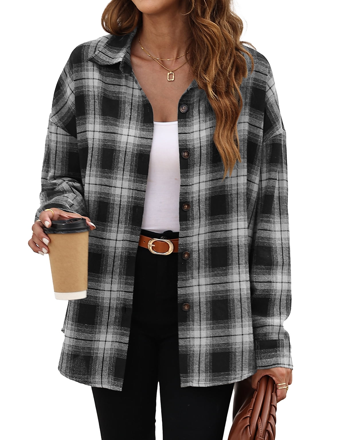 Fantaslook Plaid Flannel Shirts for Women Oversized Long Sleeve Button Down Shirts Blouses Tops