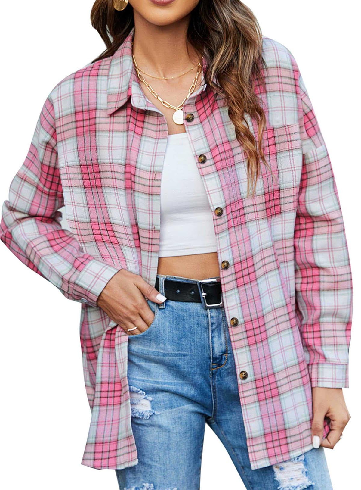 Fantaslook Plaid Flannel Shirts for Women Oversized Long Sleeve Button Down Shirts Blouses Tops