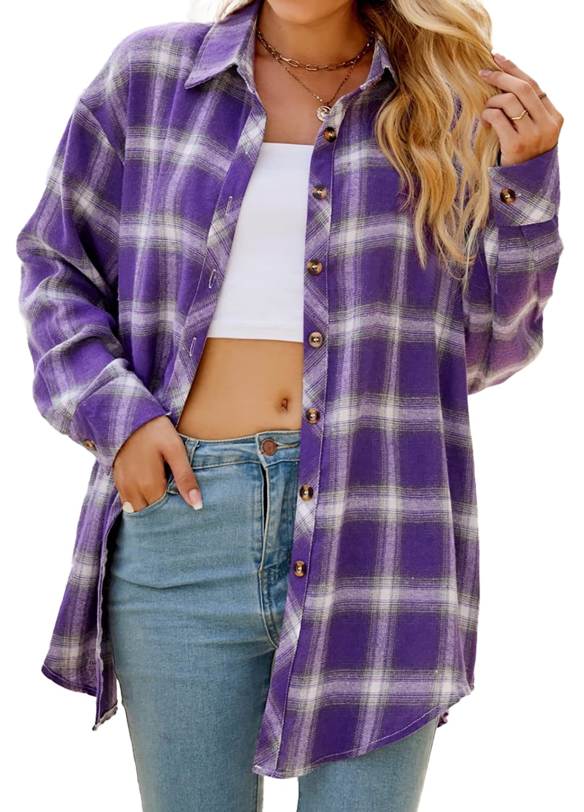 Fantaslook Plaid Flannel Shirts for Women Oversized Long Sleeve Button Down Shirts Blouses Tops
