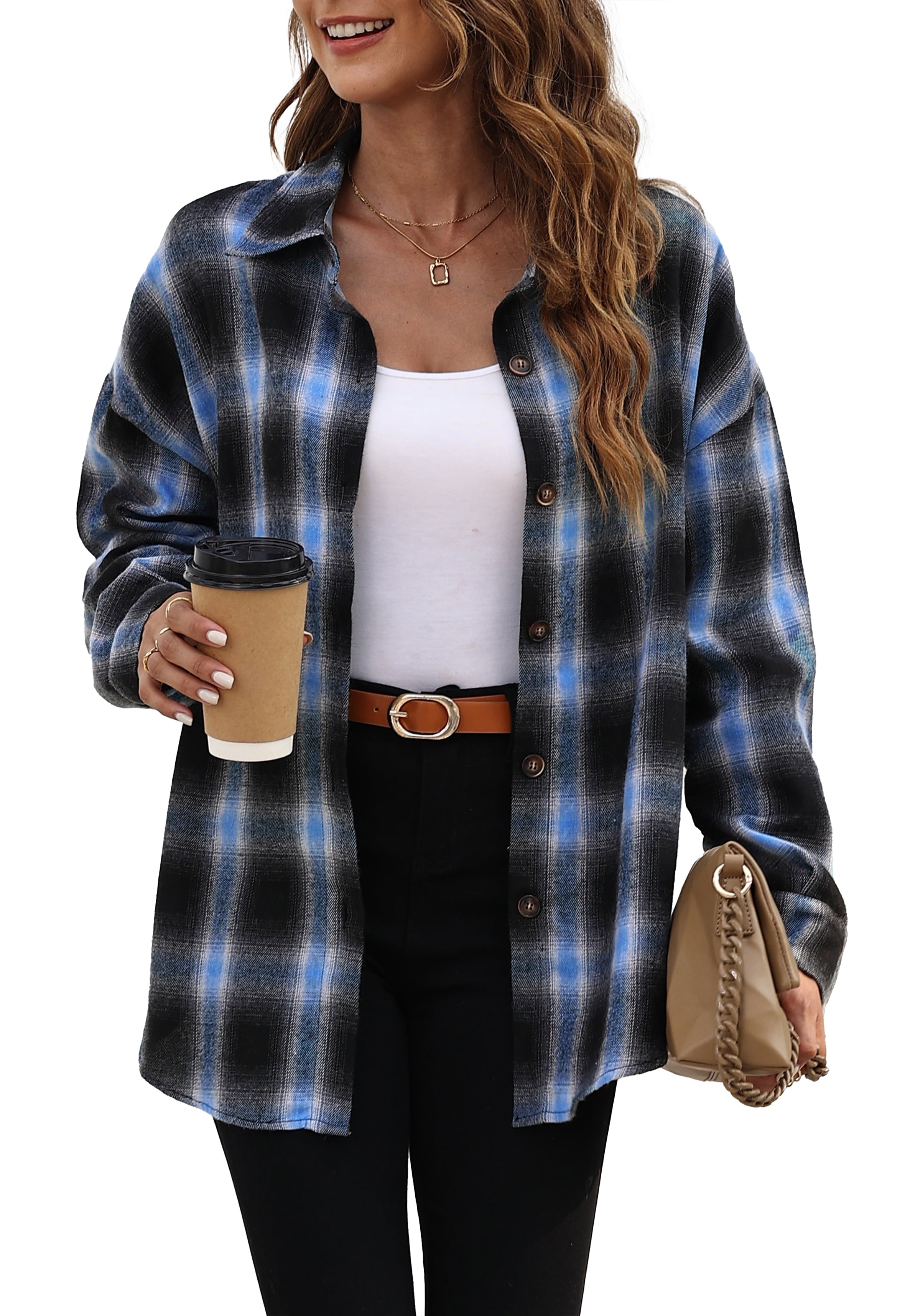 Fantaslook Plaid Flannel Shirts for Women Oversized Long Sleeve Button Down Shirts Blouses Tops