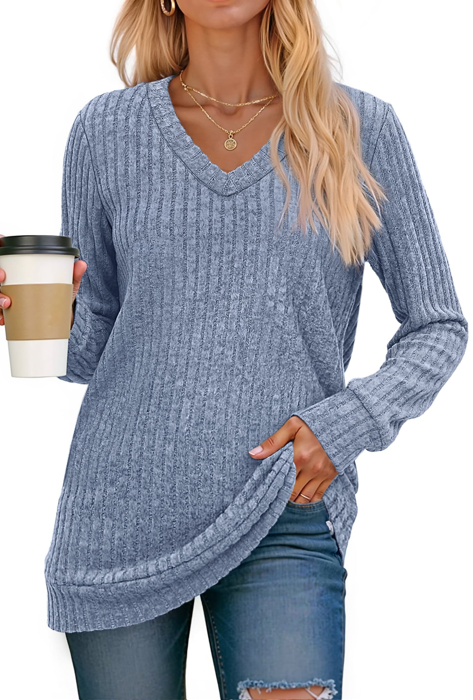 Fantaslook V Neck Long Sleeve Shirts for Women Dressy Casual Fall Tops Lightweight Tunic Pullover Fashion Clothes