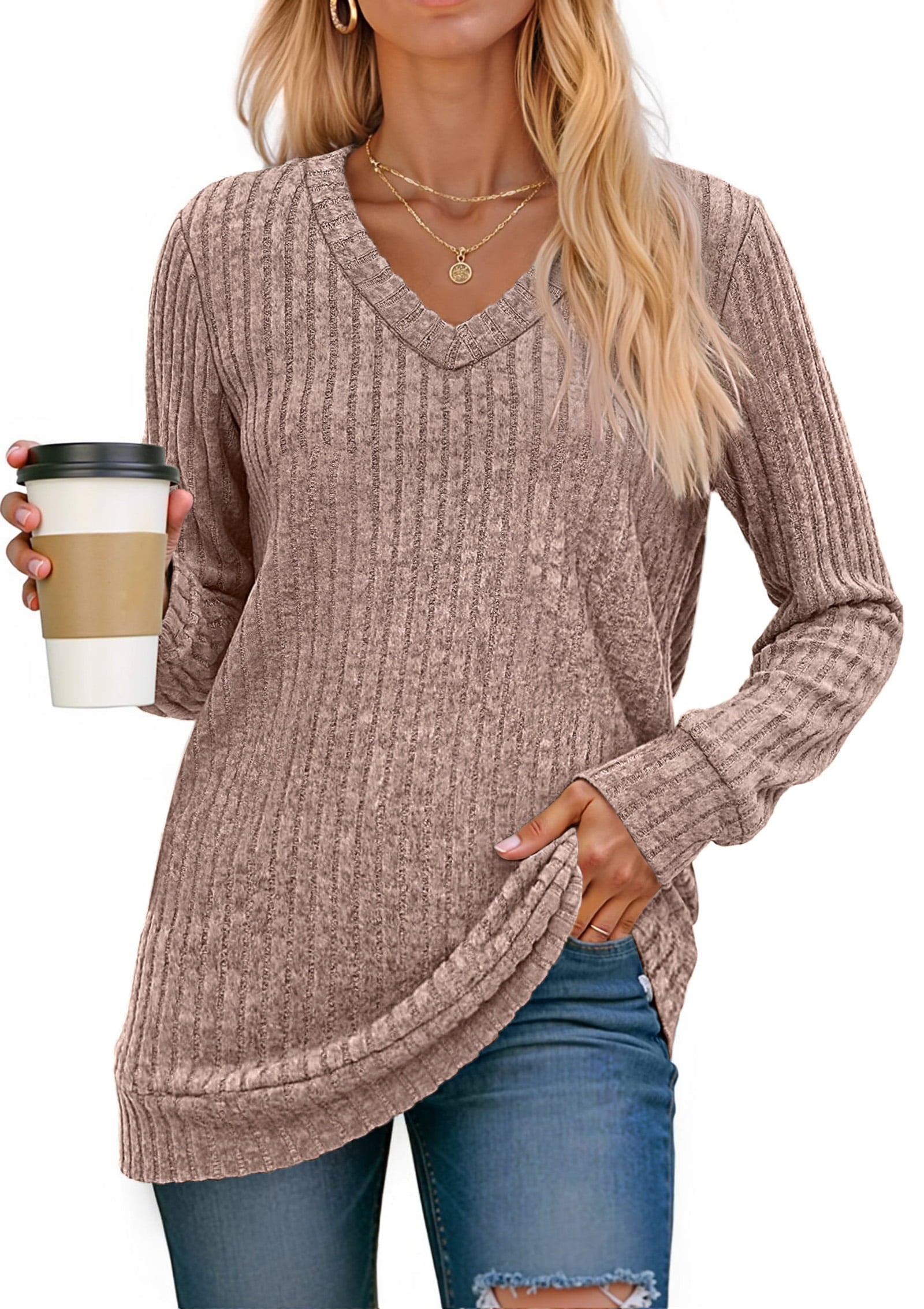 Fantaslook V Neck Long Sleeve Shirts for Women Dressy Casual Fall Tops Lightweight Tunic Pullover Fashion Clothes