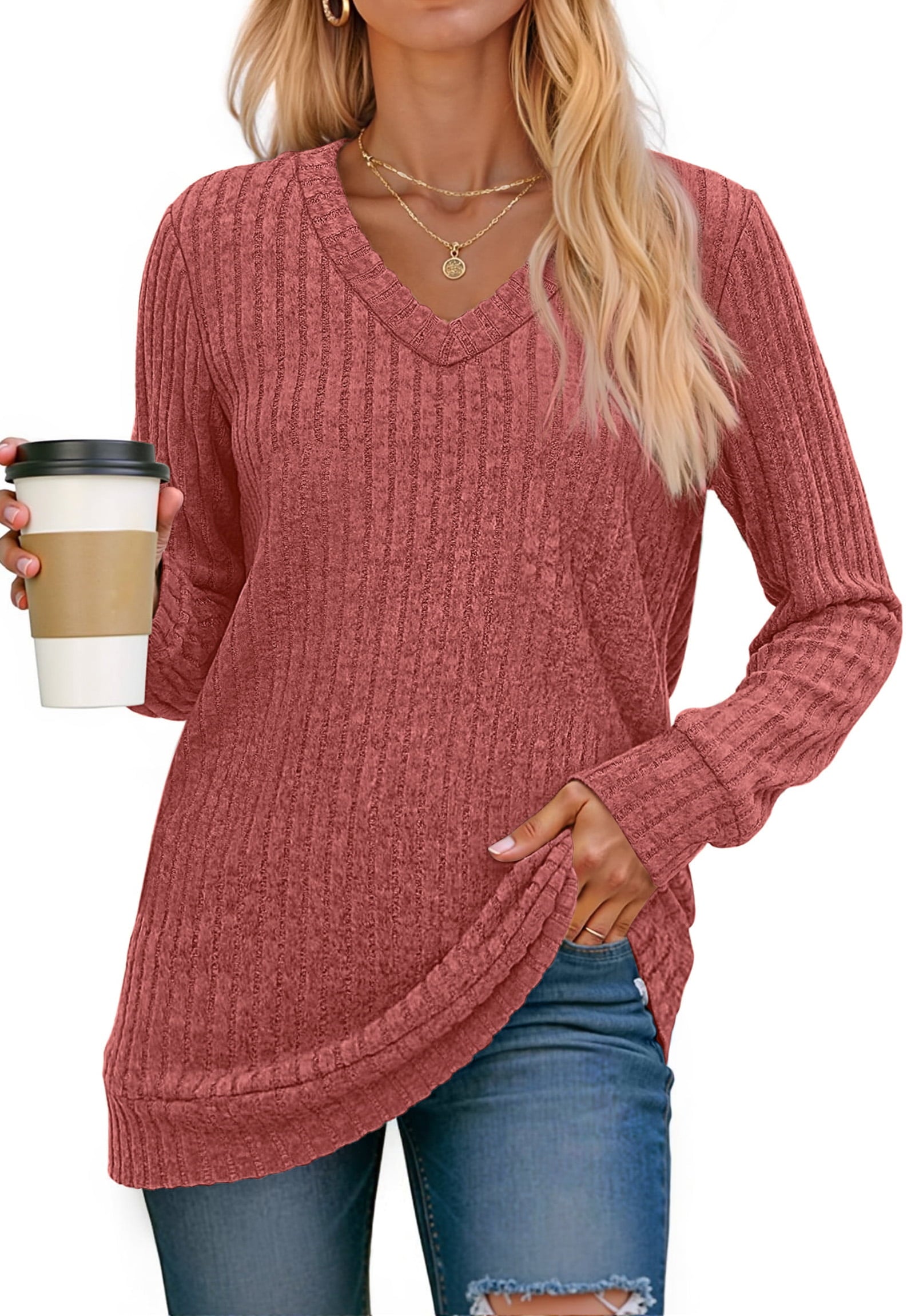 Fantaslook V Neck Long Sleeve Shirts for Women Dressy Casual Fall Tops Lightweight Tunic Pullover Fashion Clothes