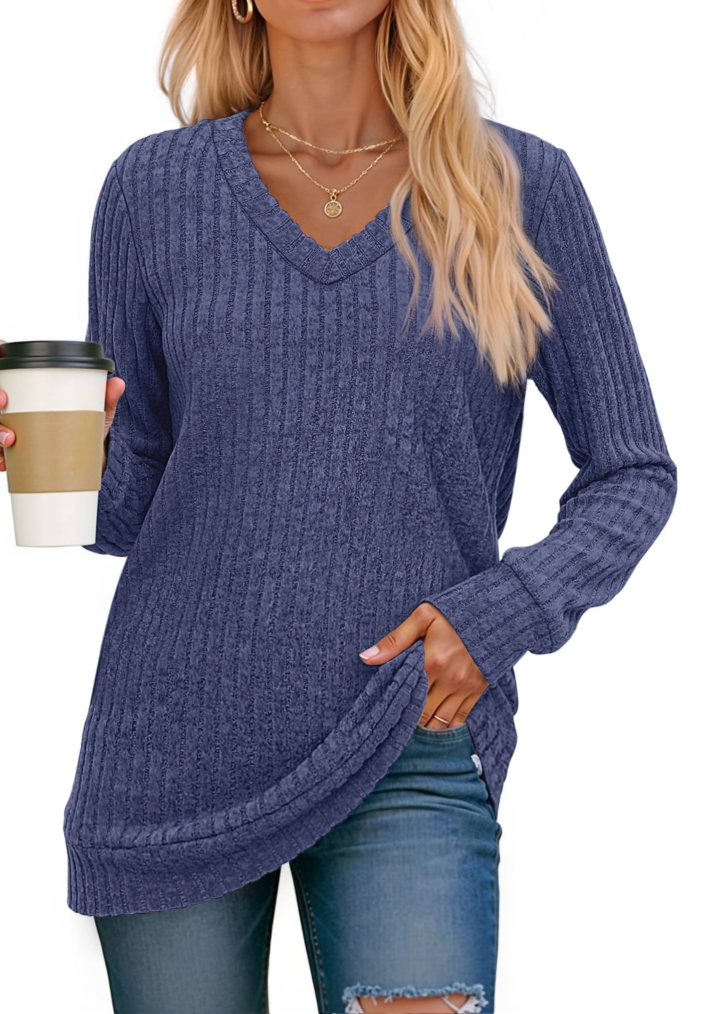 Fantaslook V Neck Long Sleeve Shirts for Women Dressy Casual Fall Tops Lightweight Tunic Pullover Fashion Clothes