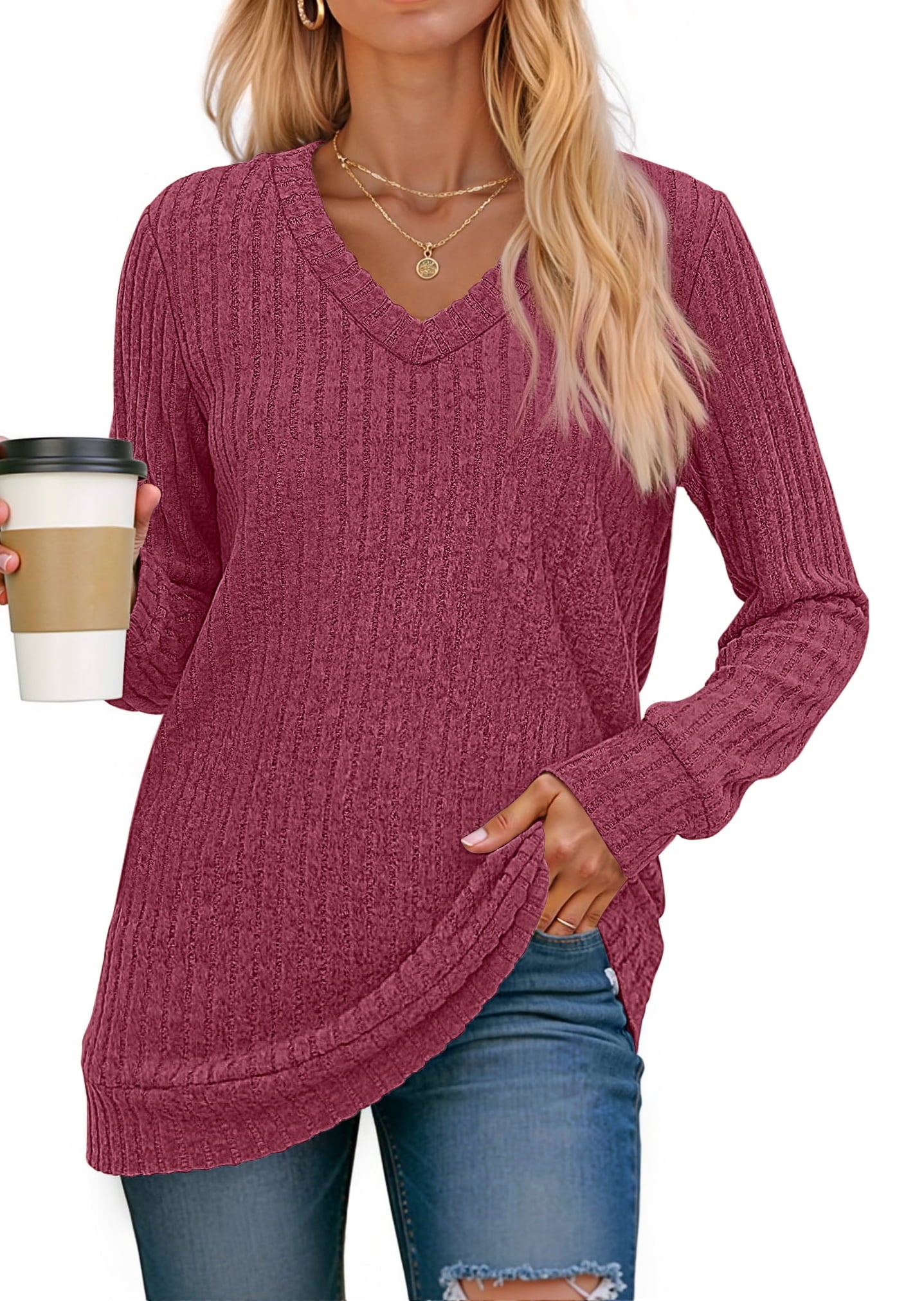 Fantaslook V Neck Long Sleeve Shirts for Women Dressy Casual Fall Tops Lightweight Tunic Pullover Fashion Clothes