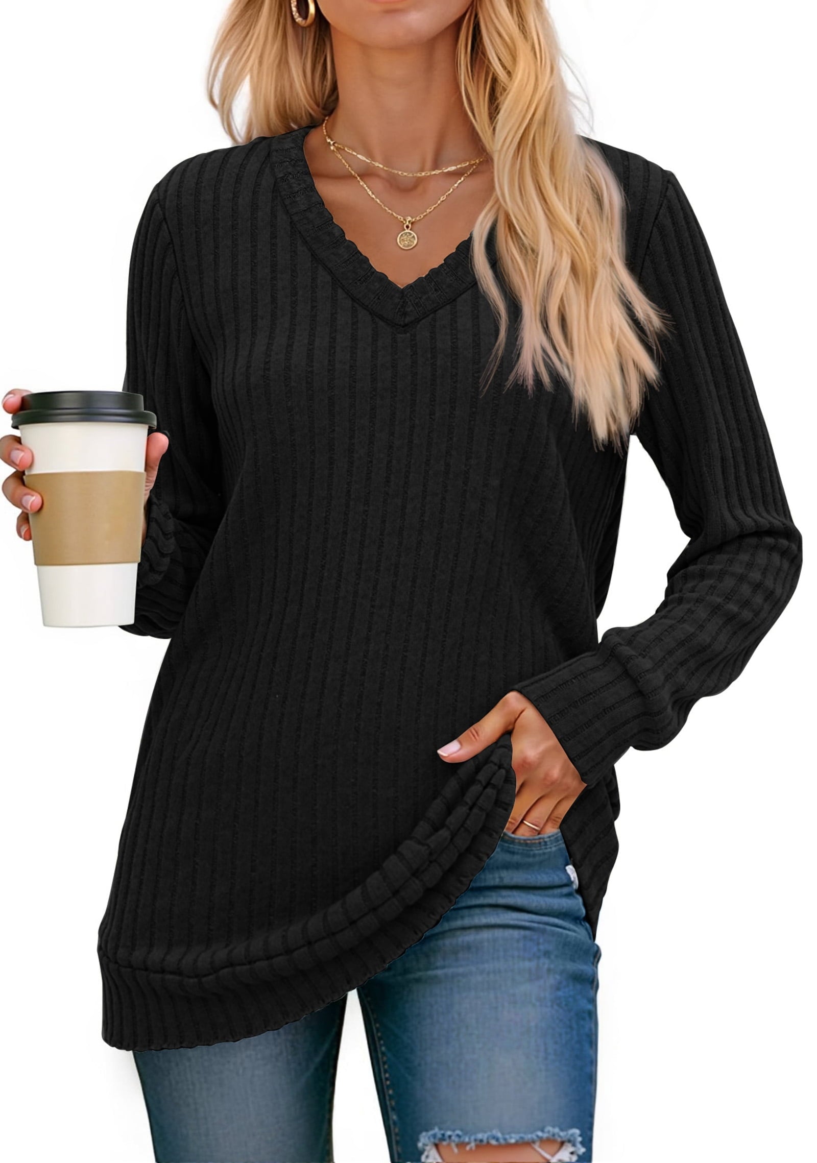Fantaslook V Neck Long Sleeve Shirts for Women Dressy Casual Fall Tops Lightweight Tunic Pullover Fashion Clothes