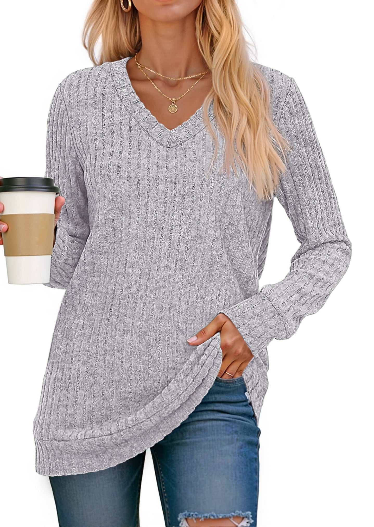 Fantaslook V Neck Long Sleeve Shirts for Women Dressy Casual Fall Tops Lightweight Tunic Pullover Fashion Clothes