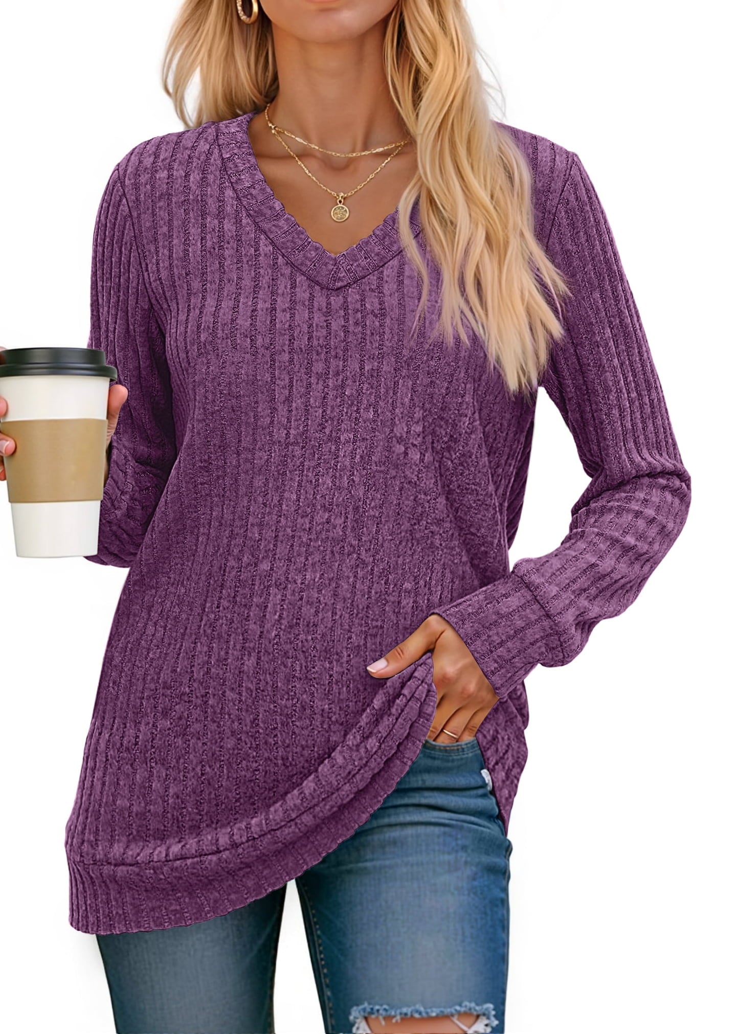 Fantaslook V Neck Long Sleeve Shirts for Women Dressy Casual Fall Tops Lightweight Tunic Pullover Fashion Clothes