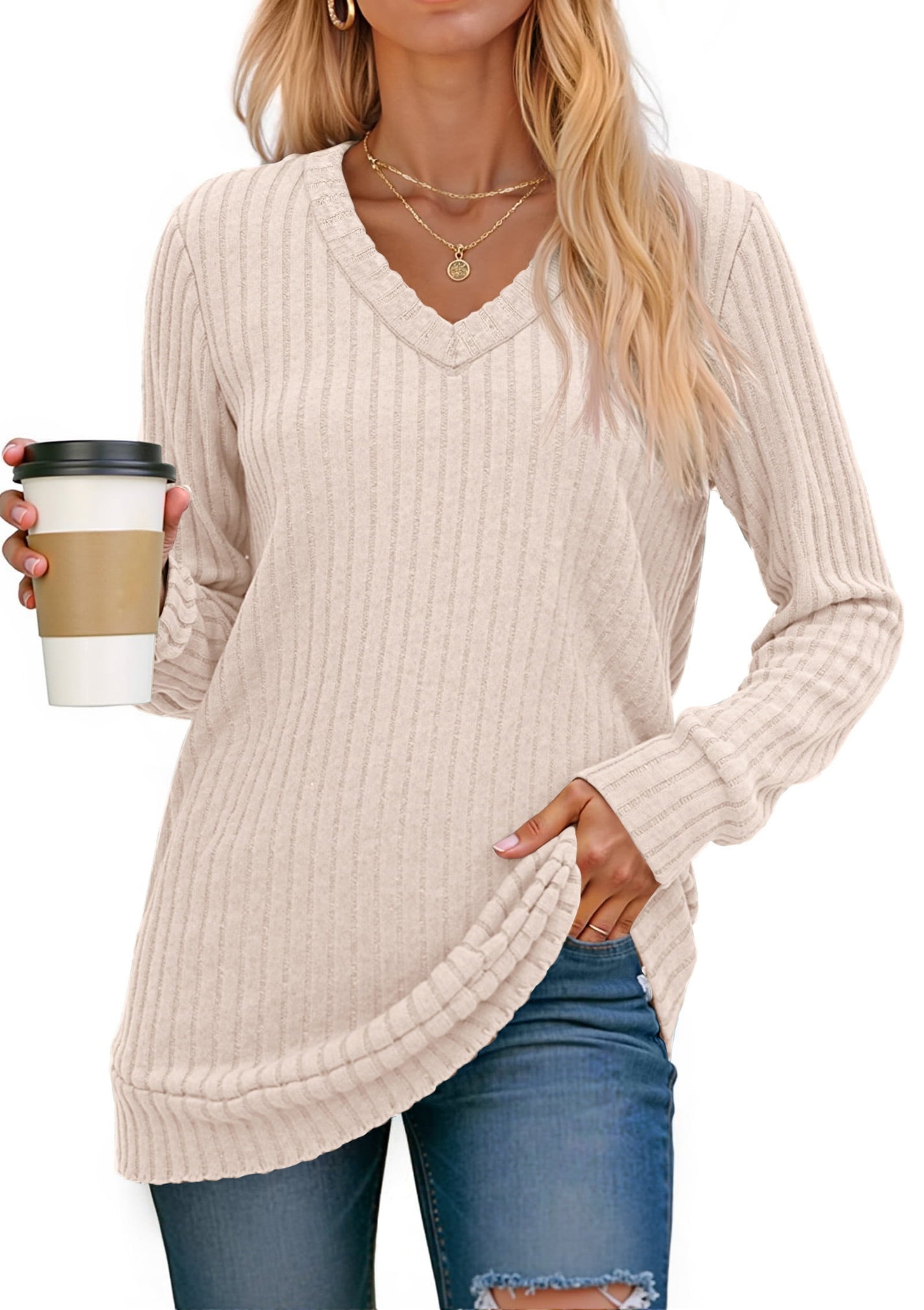 Fantaslook V Neck Long Sleeve Shirts for Women Dressy Casual Fall Tops Lightweight Tunic Pullover Fashion Clothes