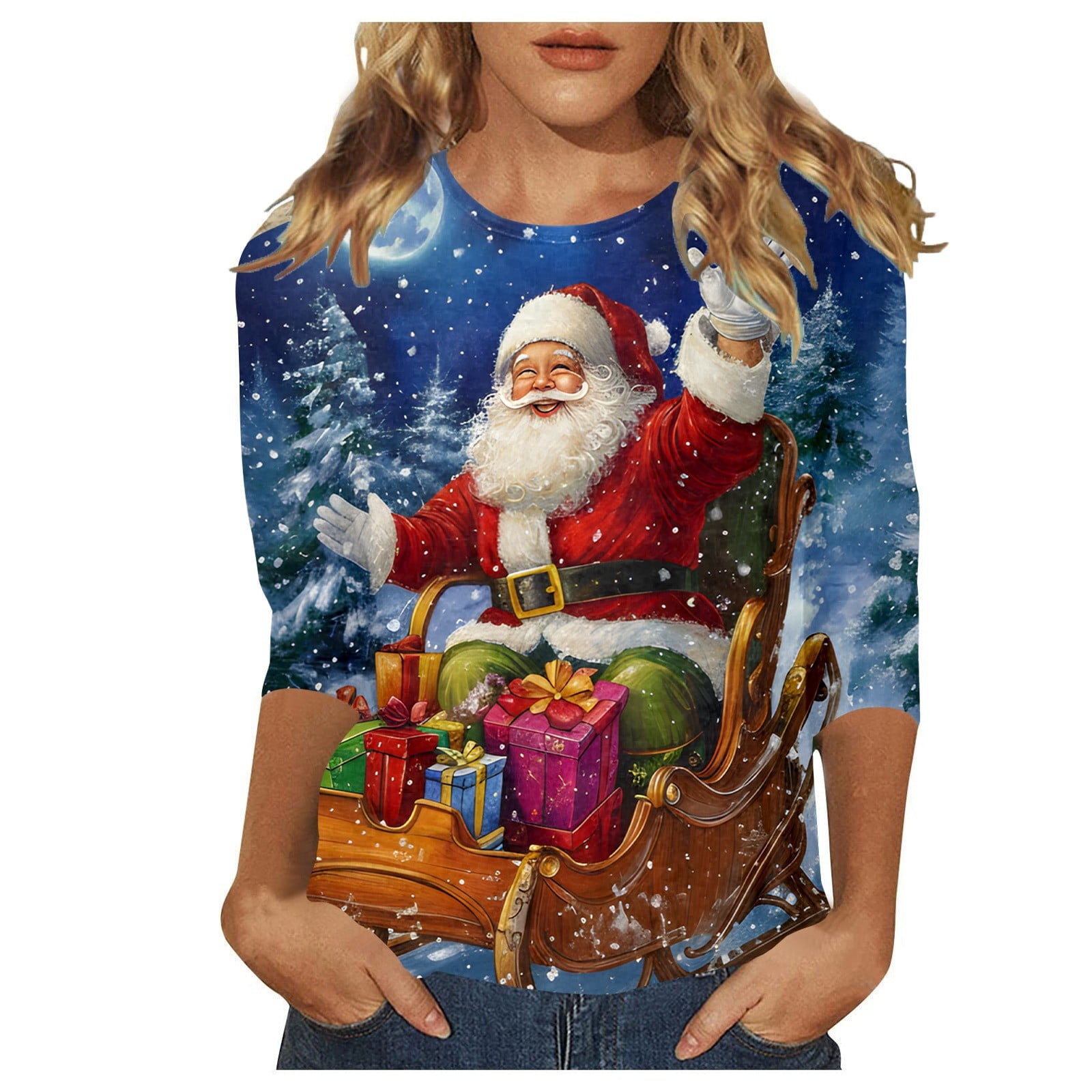 Petite Clothing for Women Chirstmas Themed Fashion Three Quarter Sleeve Daily Wear Ladies Clothing,Blue,3XL