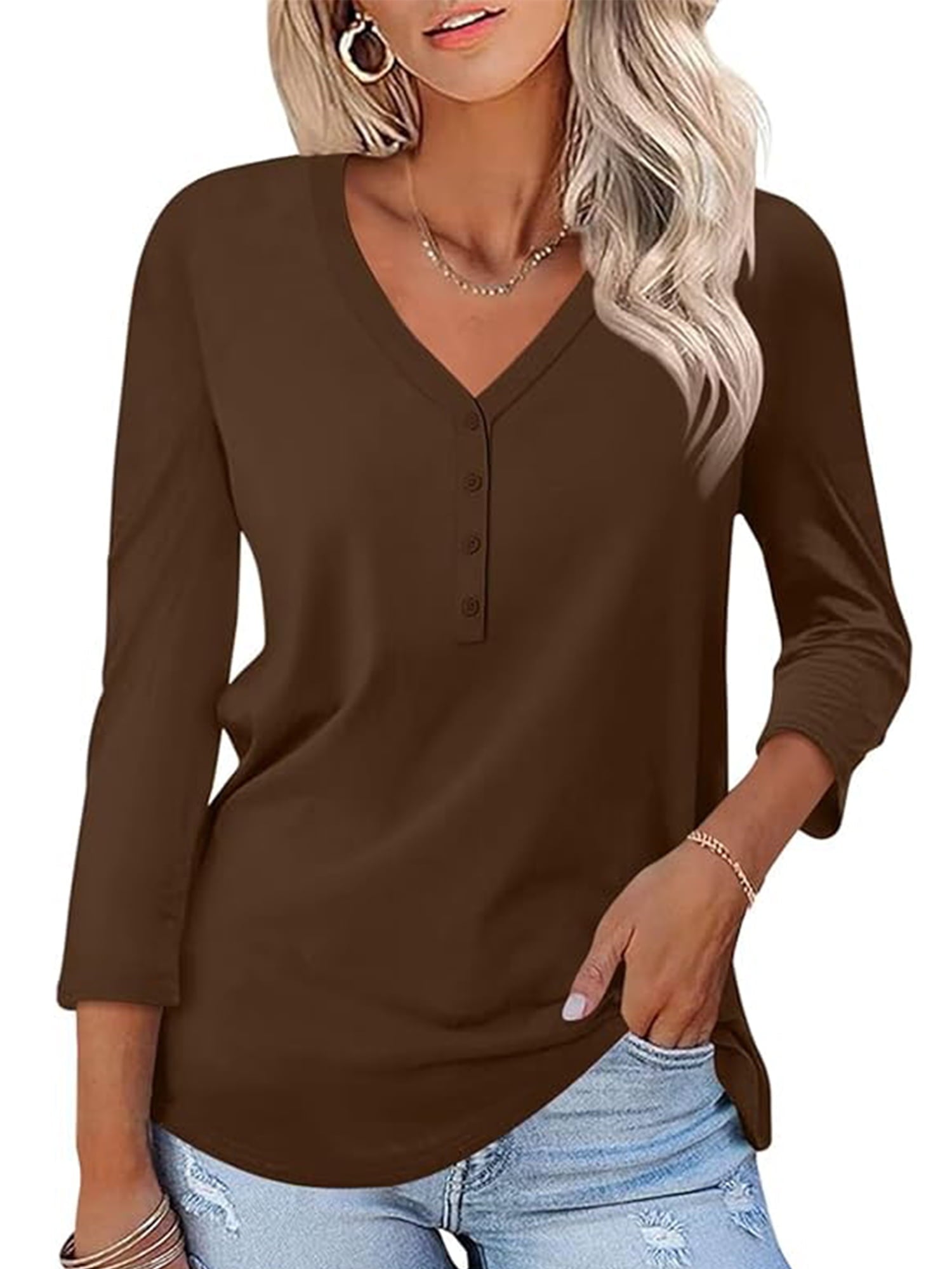 VDJ Women Tops Button V Neck 3/4 Sleeve T Shirts Casual Fall Tops Solid Color Basic Cute Pink Tee Clothes Size XL