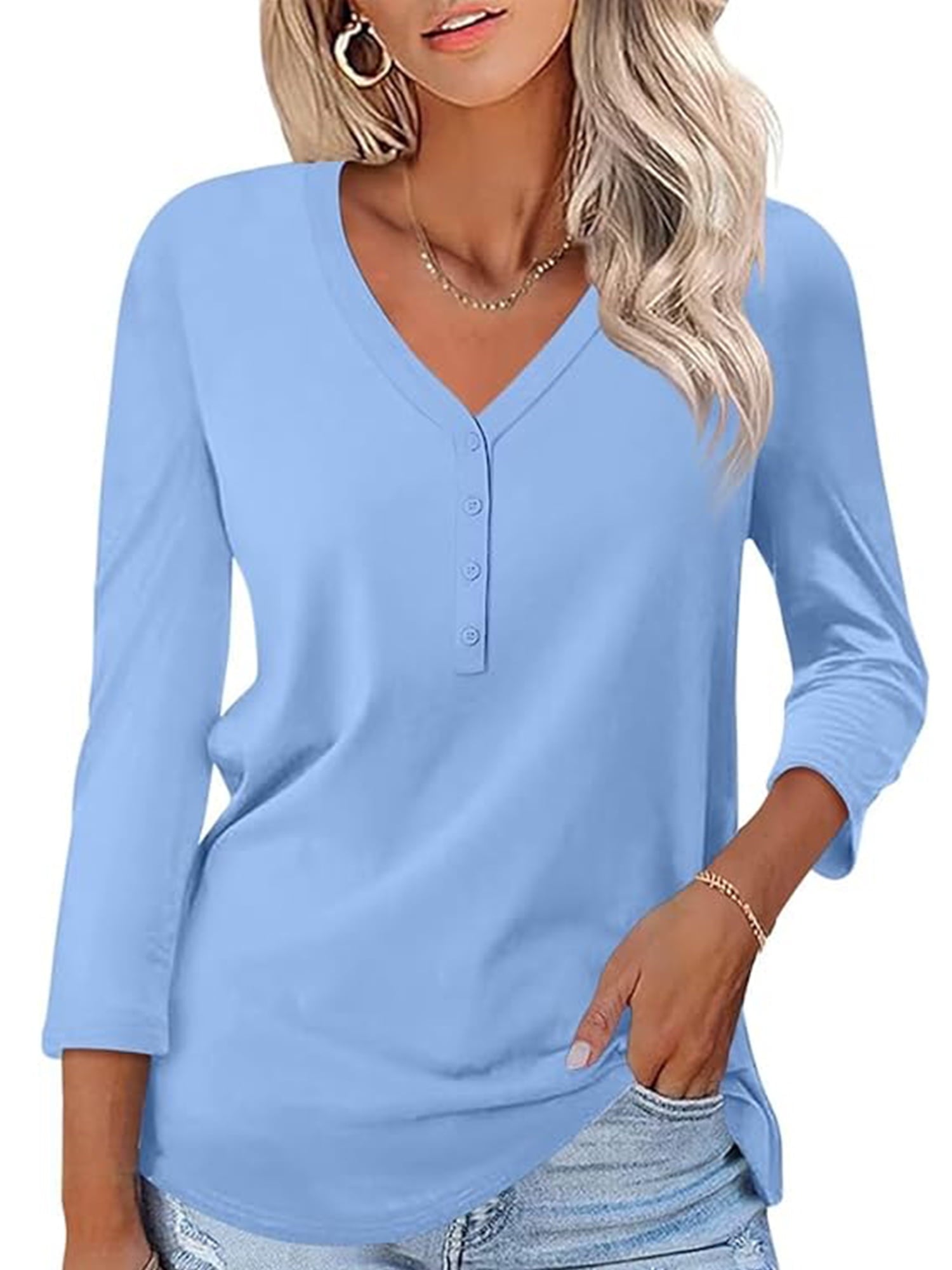 VDJ Women Tops Button V Neck 3/4 Sleeve T Shirts Casual Fall Tops Solid Color Basic Cute Pink Tee Clothes Size XL