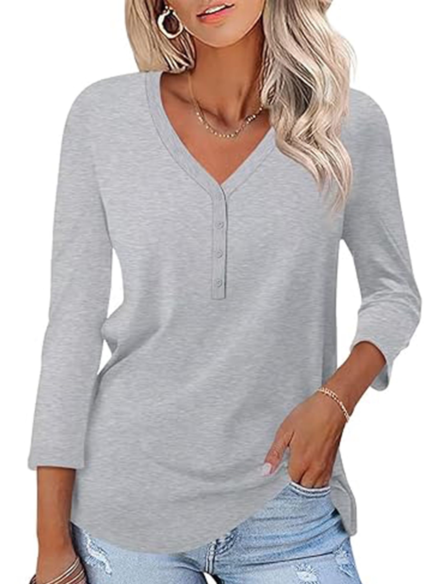 VDJ Women Tops Button V Neck 3/4 Sleeve T Shirts Casual Fall Tops Solid Color Basic Cute Pink Tee Clothes Size XL