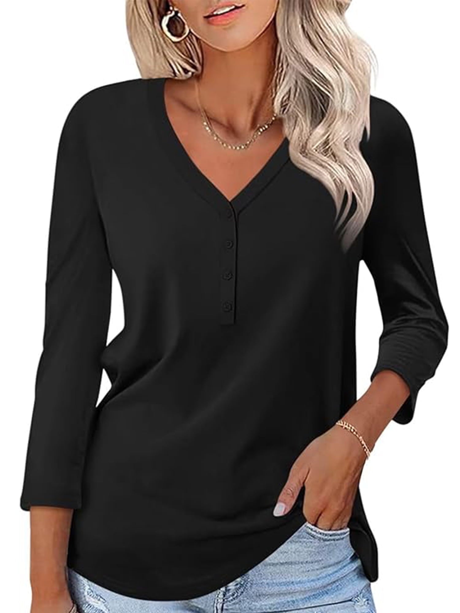 VDJ Women Tops Button V Neck 3/4 Sleeve T Shirts Casual Fall Tops Solid Color Basic Cute Pink Tee Clothes Size XL