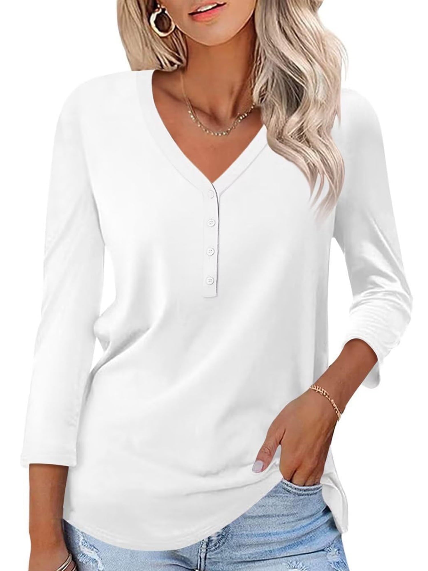 VDJ Women Tops Button V Neck 3/4 Sleeve T Shirts Casual Fall Tops Solid Color Basic Cute Pink Tee Clothes Size XL