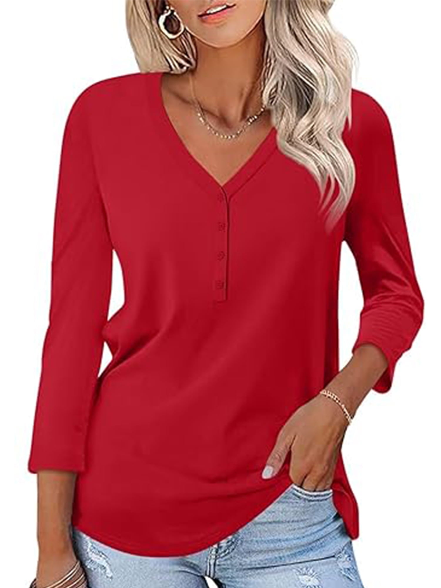 VDJ Women Tops Button V Neck 3/4 Sleeve T Shirts Casual Fall Tops Solid Color Basic Cute Pink Tee Clothes Size XL