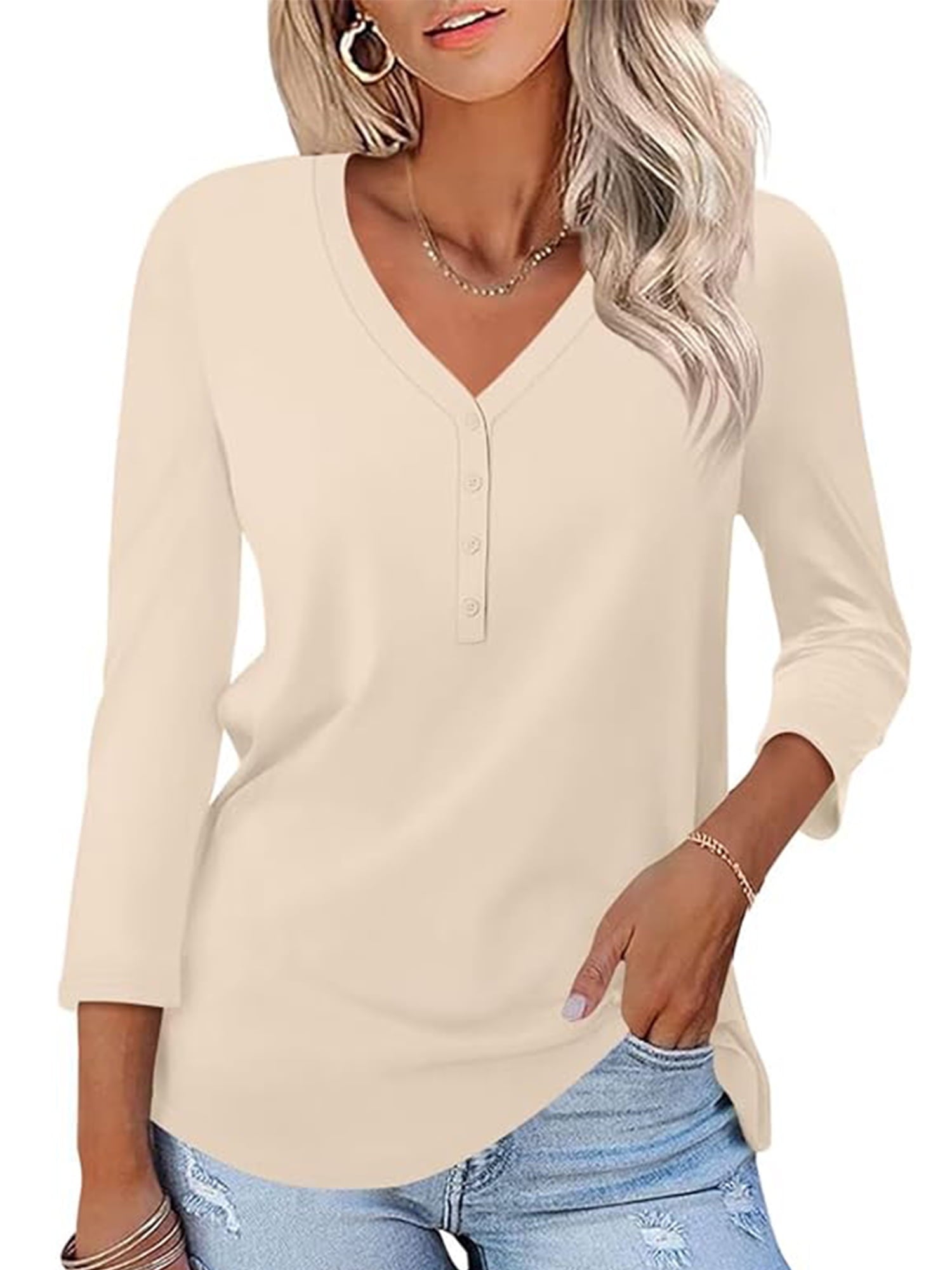 VDJ Women Tops Button V Neck 3/4 Sleeve T Shirts Casual Fall Tops Solid Color Basic Cute Pink Tee Clothes Size XL