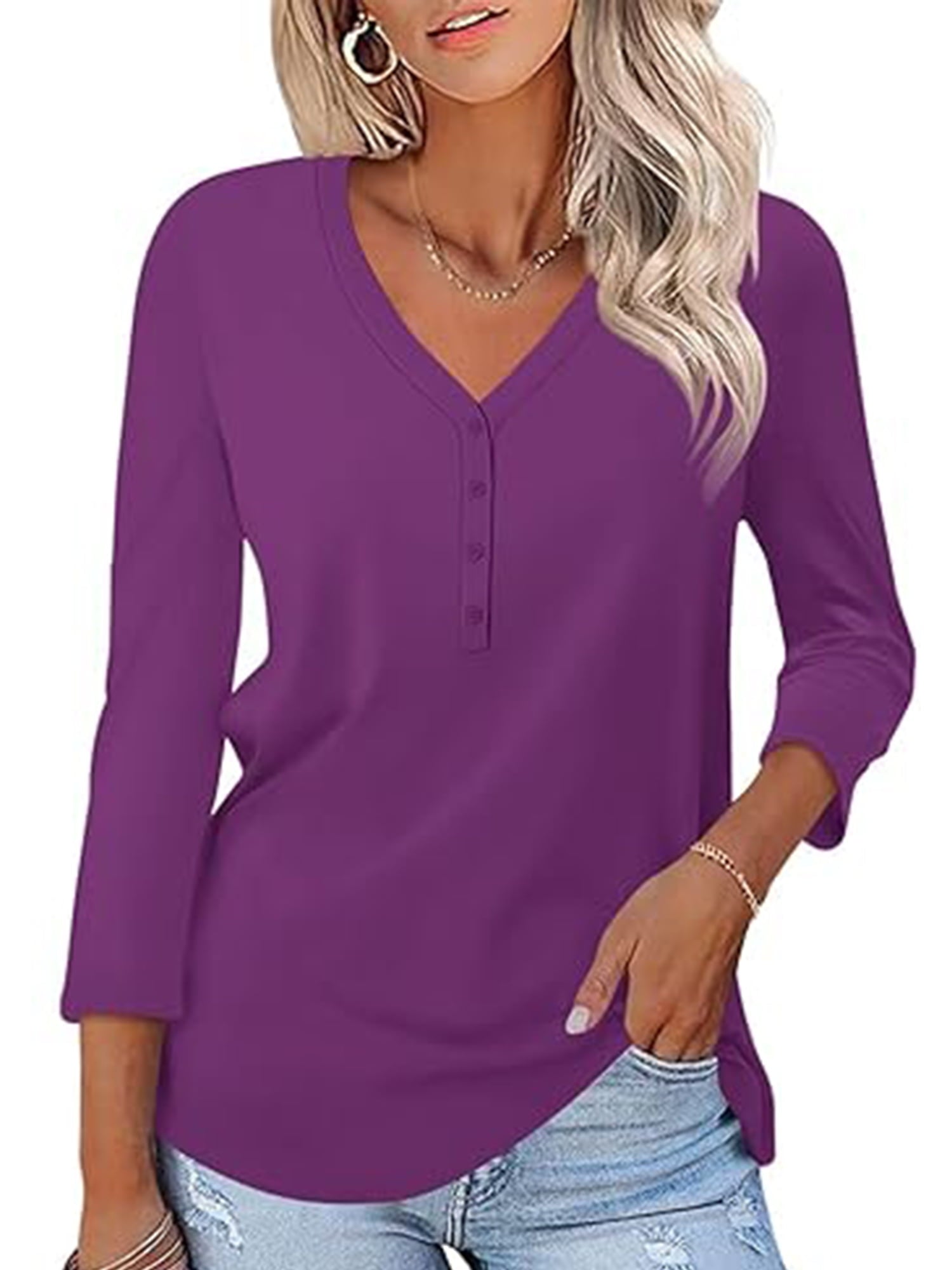 VDJ Women Tops Button V Neck 3/4 Sleeve T Shirts Casual Fall Tops Solid Color Basic Cute Pink Tee Clothes Size XL