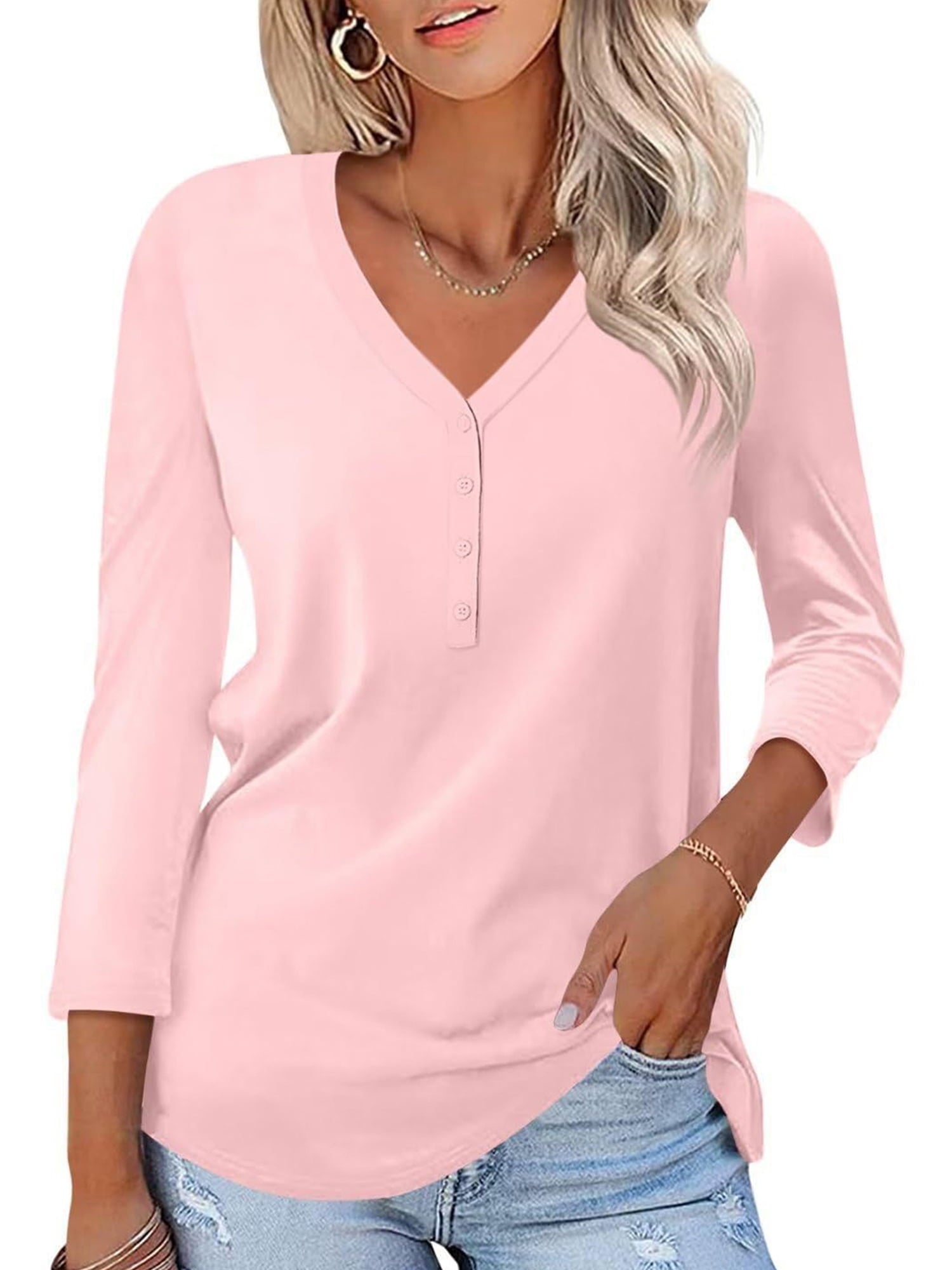 VDJ Women Tops Button V Neck 3/4 Sleeve T Shirts Casual Fall Tops Solid Color Basic Cute Pink Tee Clothes Size XL