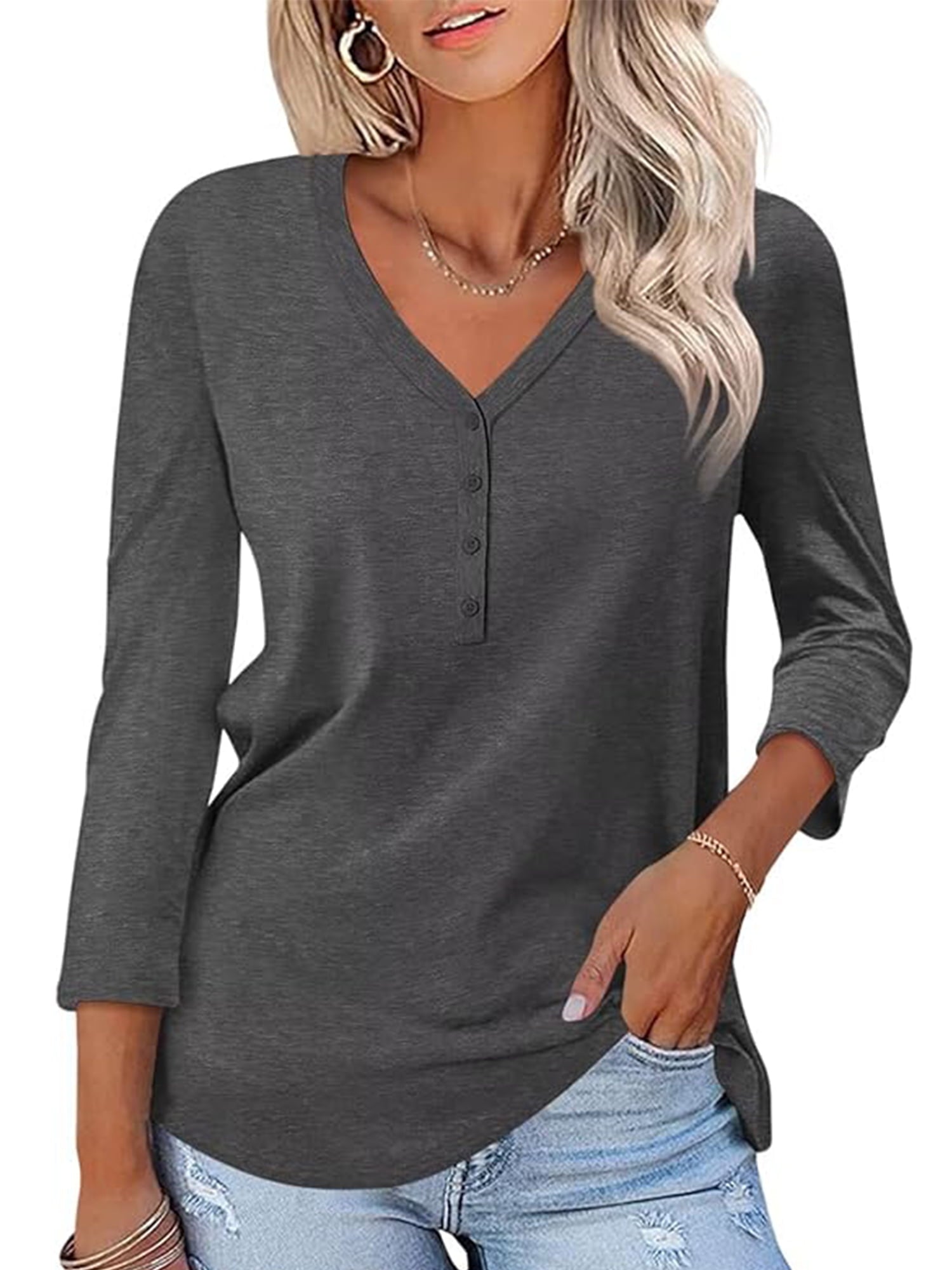 VDJ Women Tops Button V Neck 3/4 Sleeve T Shirts Casual Fall Tops Solid Color Basic Cute Pink Tee Clothes Size XL