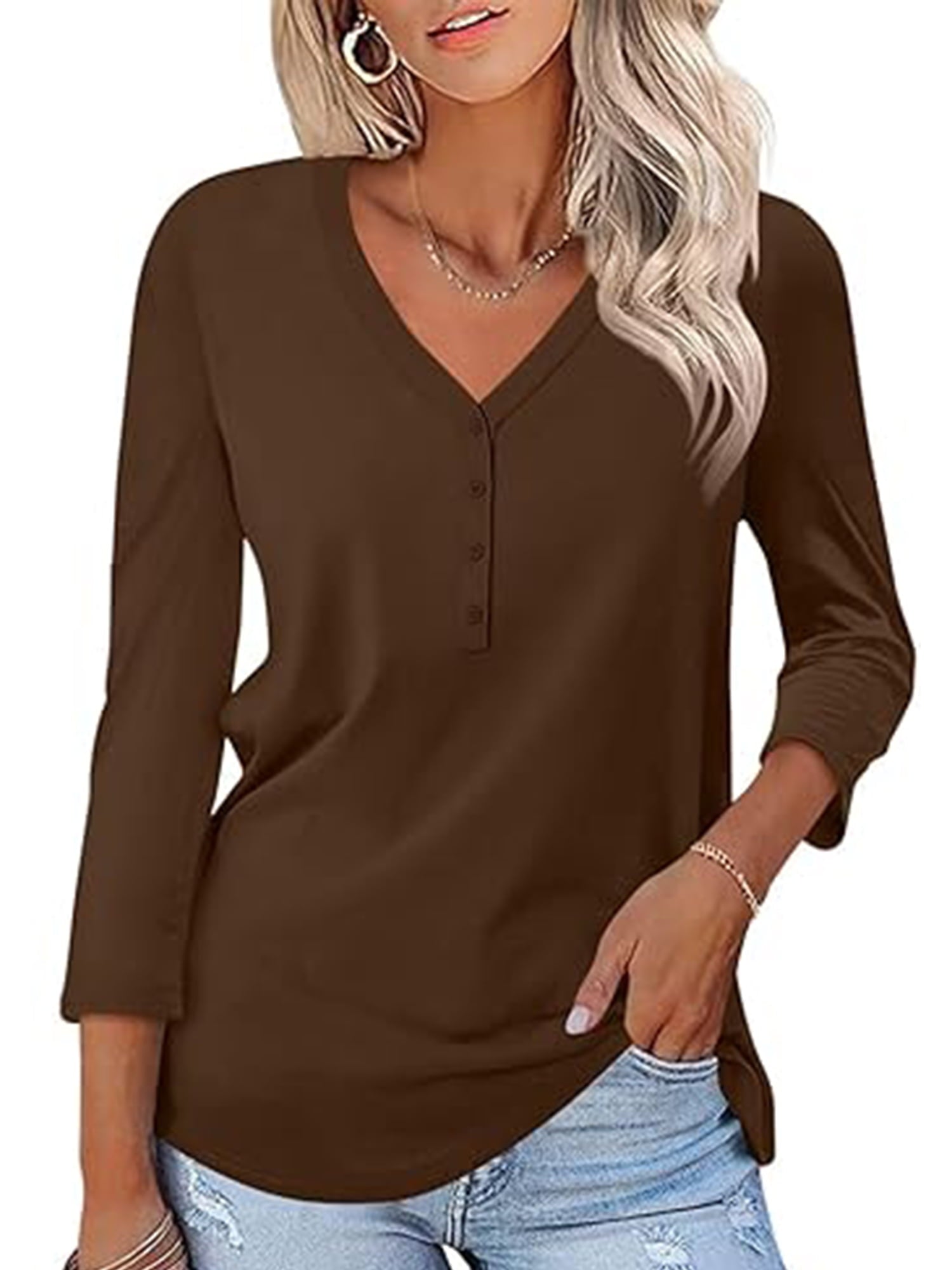 VDJ Women Tops Button V Neck 3/4 Sleeve T Shirts Casual Fall Tops Solid Color Basic Cute Pink Tee Clothes Size XL