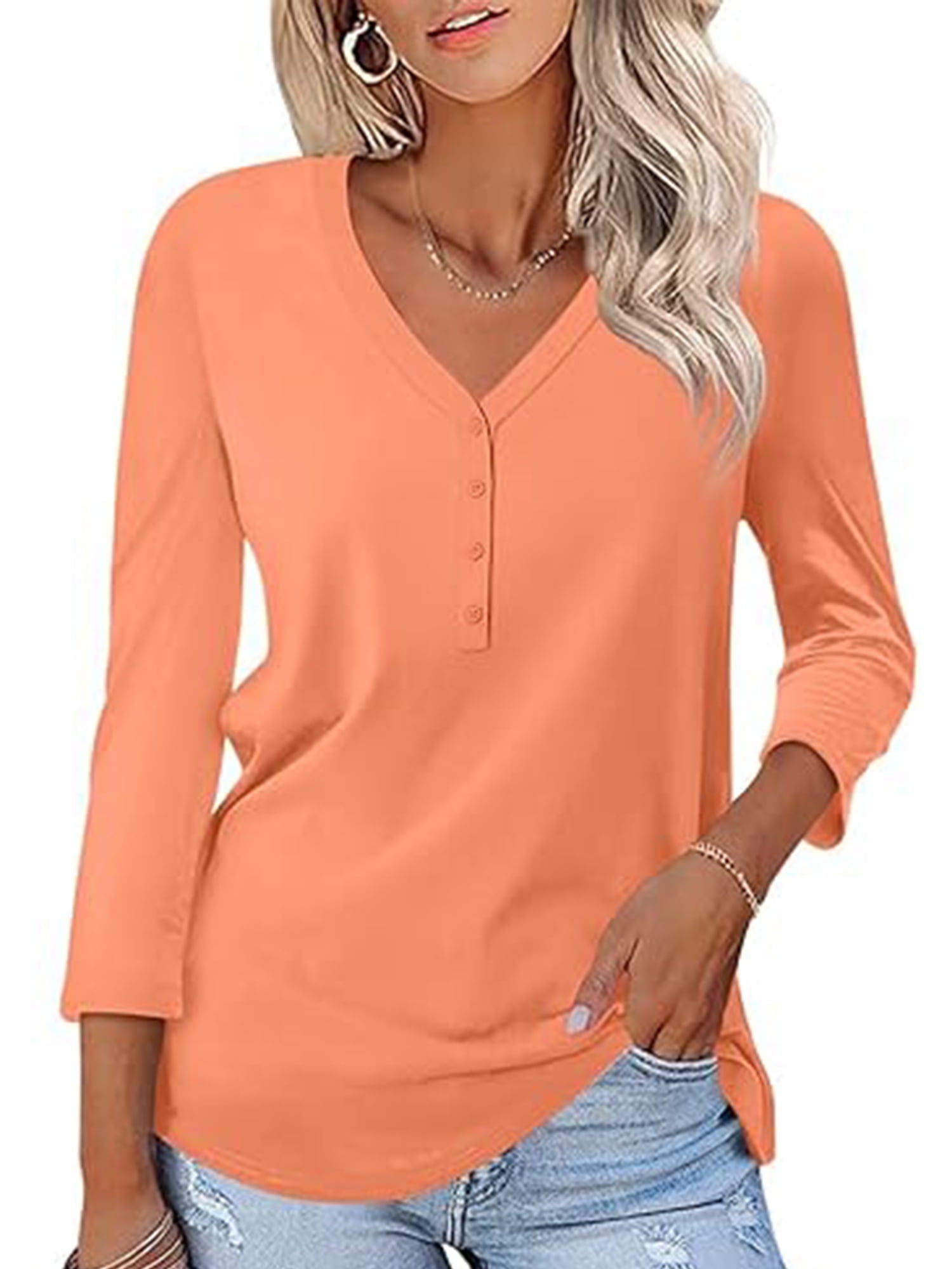 VDJ Women Tops Button V Neck 3/4 Sleeve T Shirts Casual Fall Tops Solid Color Basic Cute Pink Tee Clothes Size XL