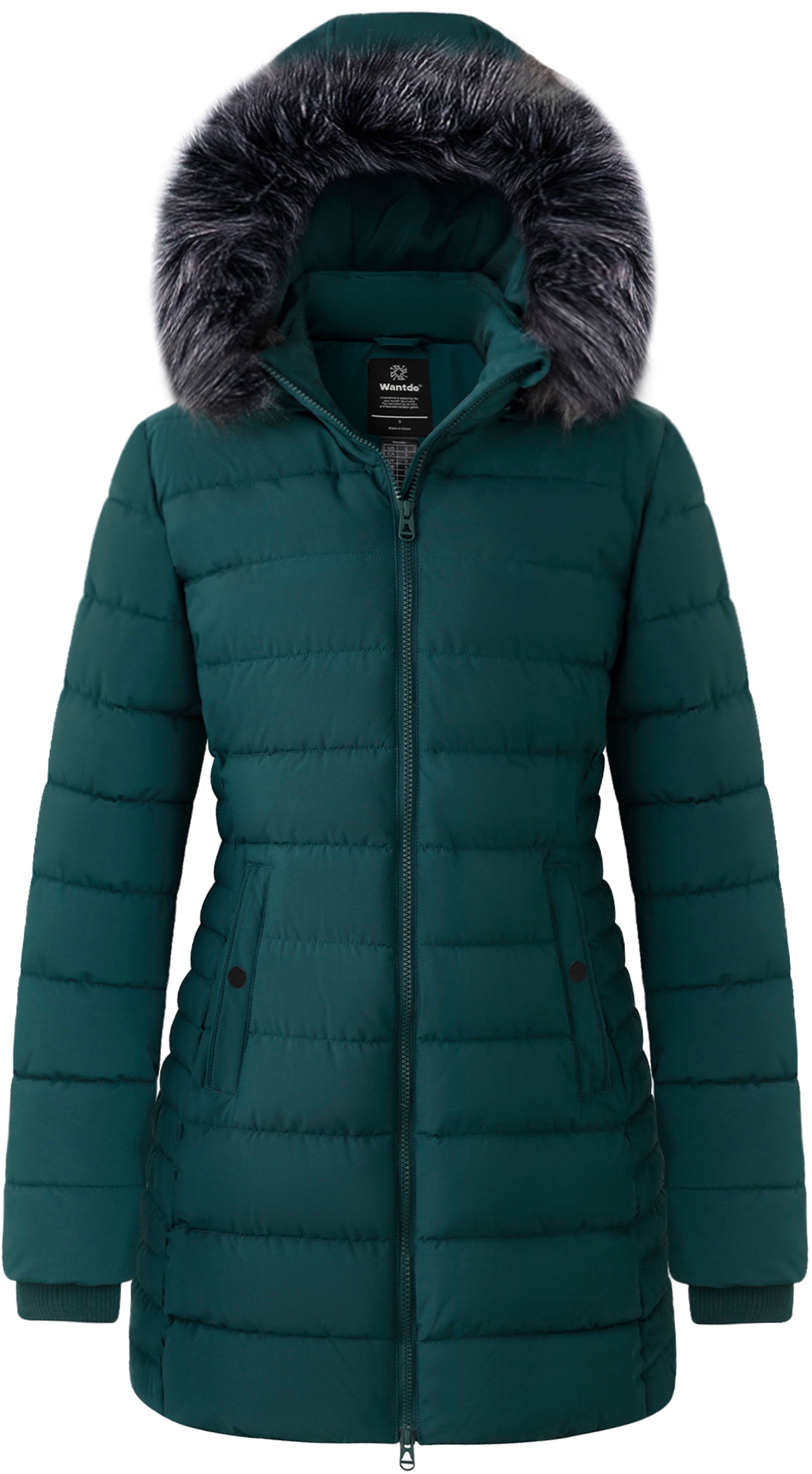 Wantdo Women's Winter Jacket Mid-Length Winter Coat Hooded Puffer Jacket Blackish Green L