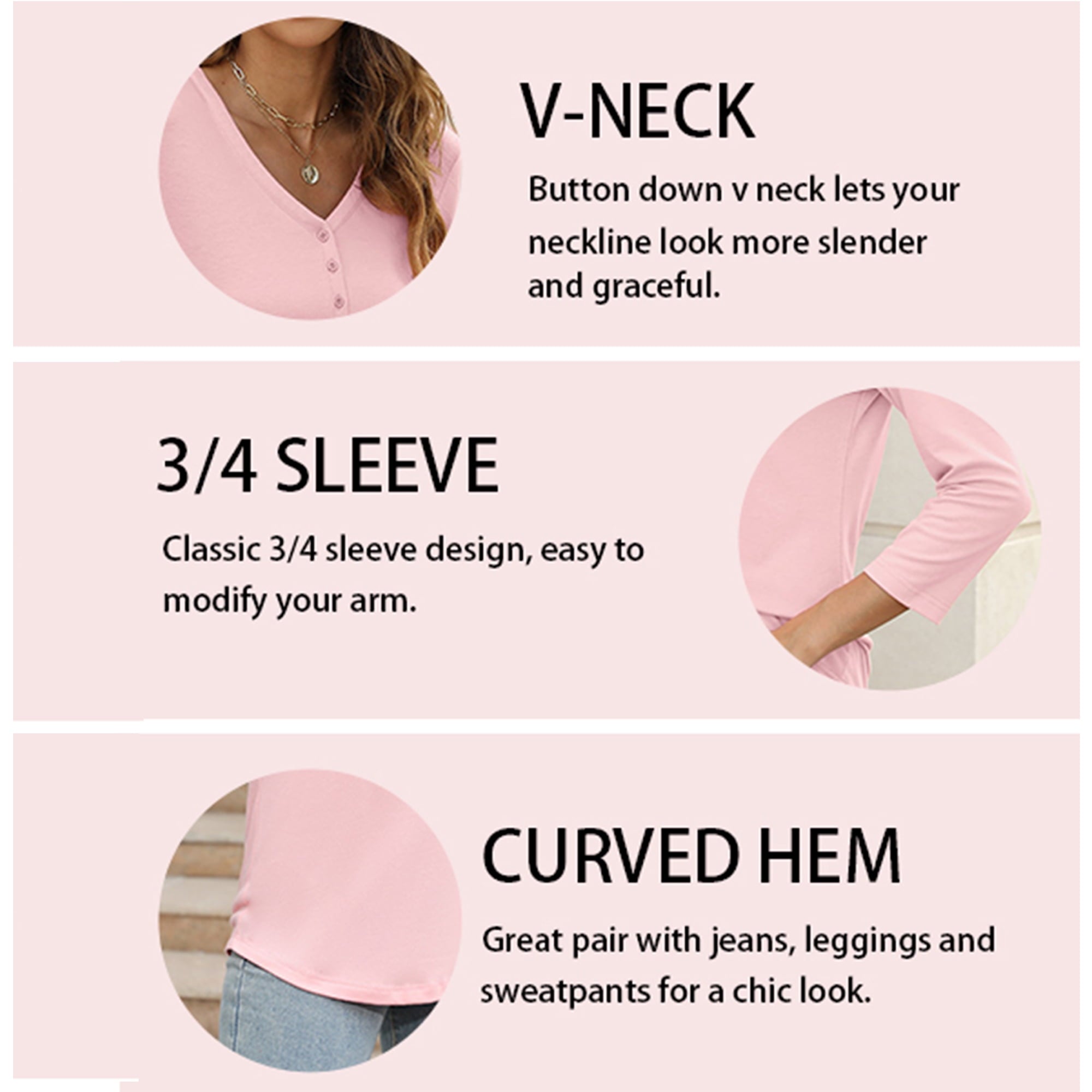 VDJ Women Tops Button V Neck 3/4 Sleeve T Shirts Casual Fall Tops Solid Color Basic Cute Pink Tee Clothes Size XL